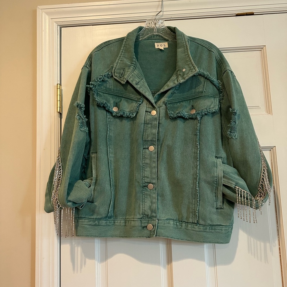 Distressed, rhinestone, fringe, jean jacket